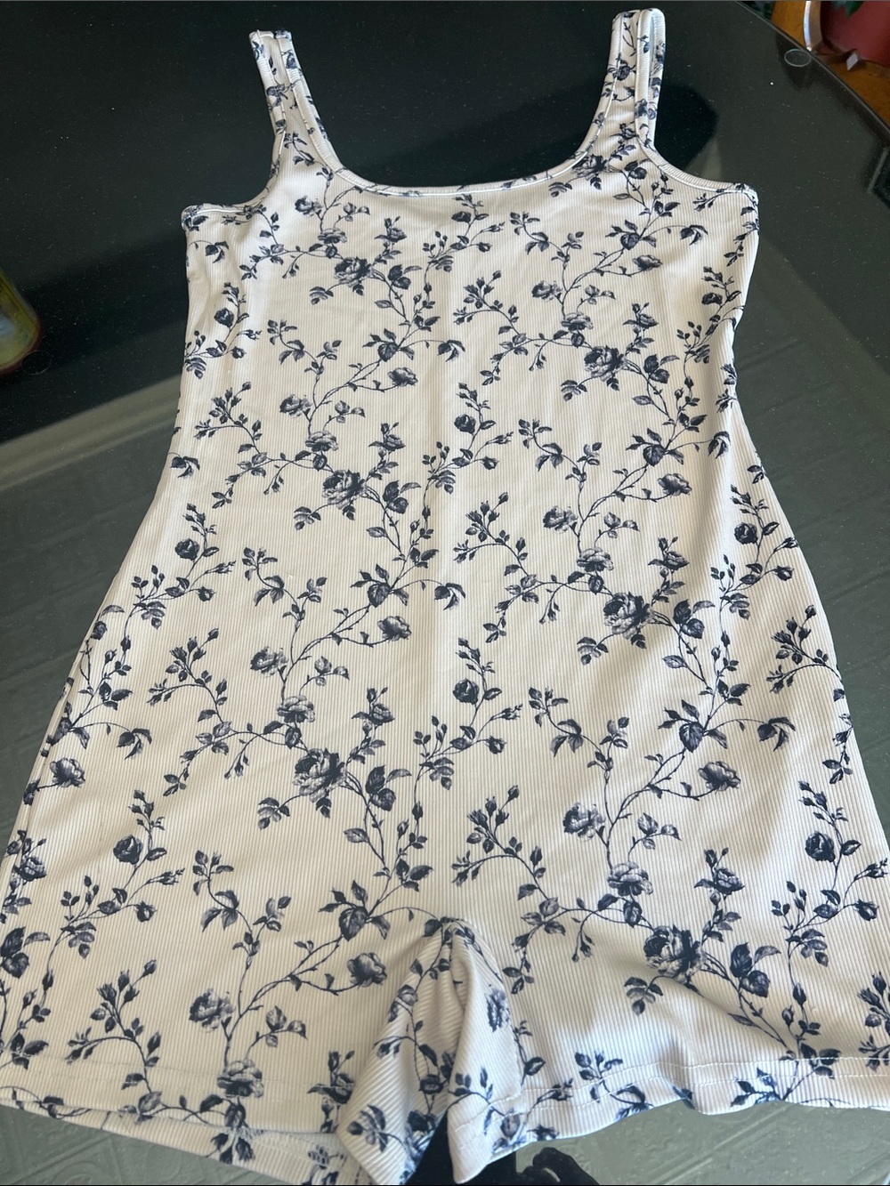 White Ribbed Floral Romper with Navy Print